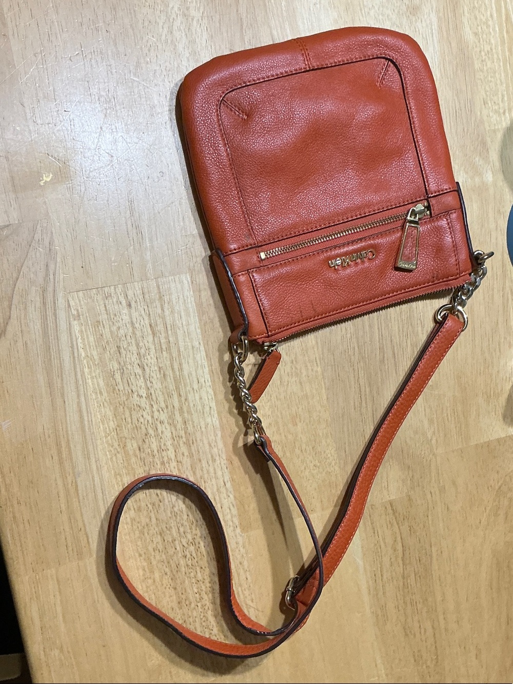 Calvin Klein Burnt Orange Leather Chain-Strap Crossbody
